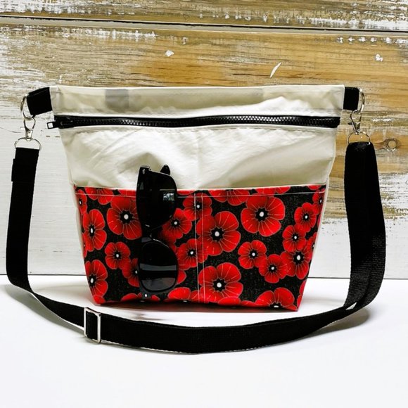 Recycled Sail Cloth Red Poppies Womens Crossbody Bag Handmade - Picture 1 of 7